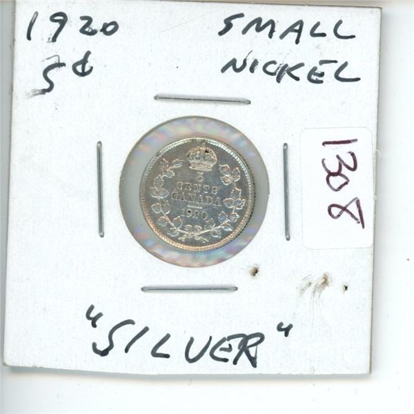 1920 Canadian 5 Cent Silver Coin