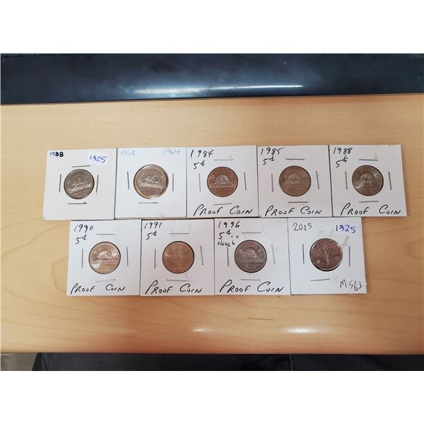 9 x Canadian 5 cents 1938, 64, 84, 85, 88, 90, 91, 96, 05