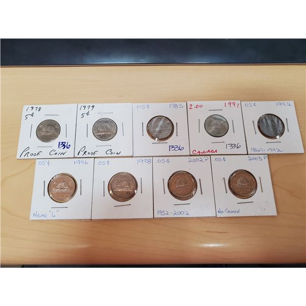 9 x Canadian 5 cents 1978, 79, 83, 91, 92, 96, 98, 02, 03