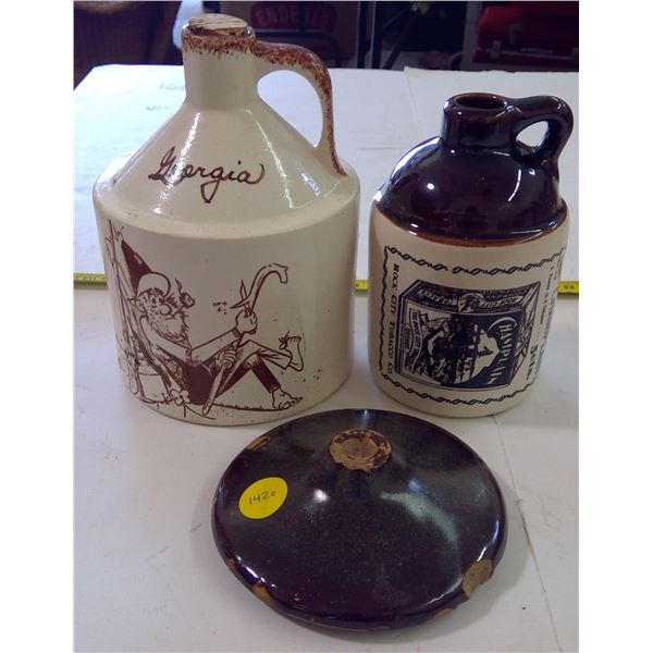 Set of 2 Decorative Whiskey Jugs (small) & 1 Pickle Jar Lid
