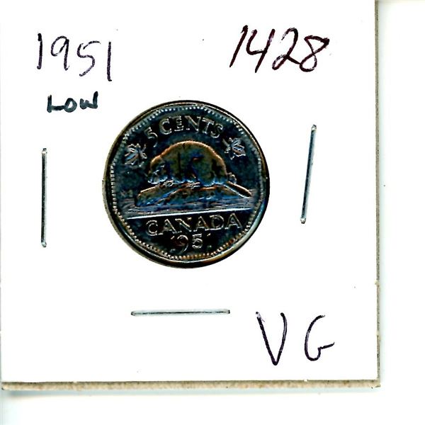 1951 Canadian 5 Cent Nickel Coin