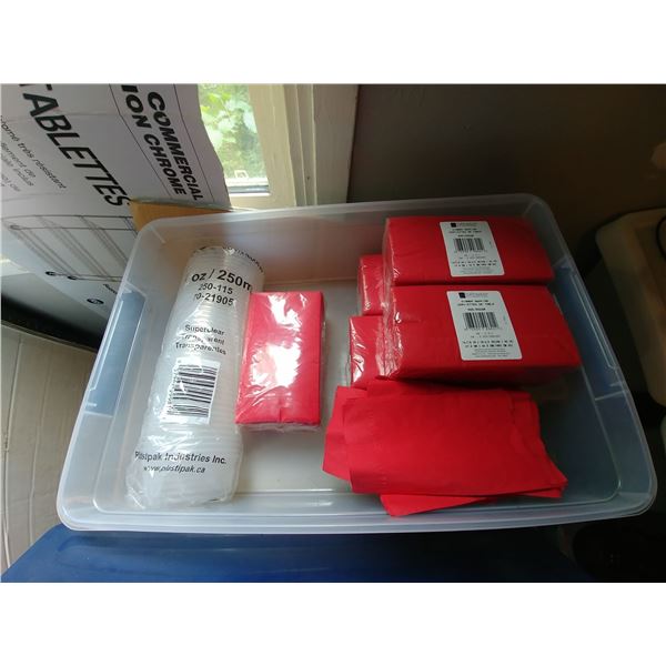 STORAGE TUB W/LID FULL OF RED NAPKINS & 250ML CONTAINERS