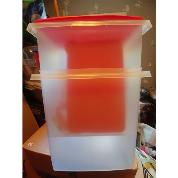 2 NEW TUPPERWARE TOTES W/ LIDS, HANDLES & SCOOPS
