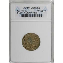 1937-D 5C Three-Legged AU50 Details ANACS