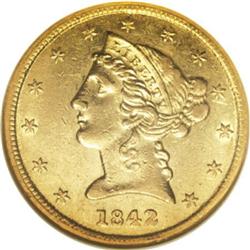 1842 $5 Small Letters AU55 NGC