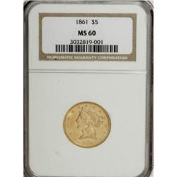 1861 $5 MS60 NGC