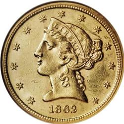 1862-S $5 MS61 NGC