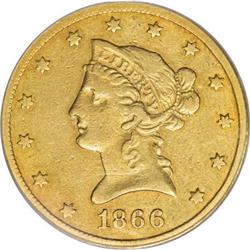 1866-S $10 No Motto VF30 PCGS