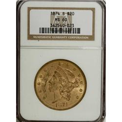 1874-S $20 MS60 NGC