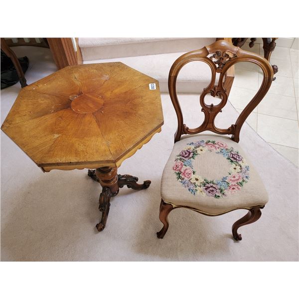 Antique Wooden Side Table & Needlepoint Parlor Chair