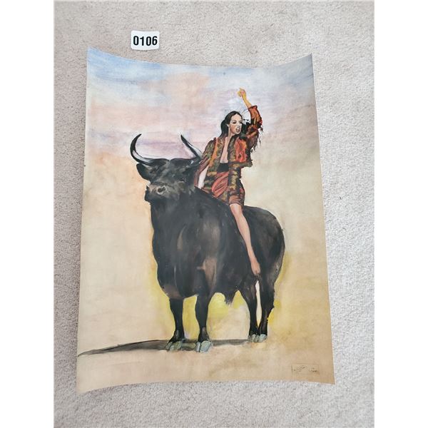 Spanish Girl Riding Bull Watercolor