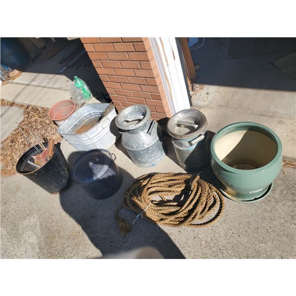2 Vintage Milk Jugs, Metal Wash Basin, Planter Pot, Garbage Can, Pot, Rope
