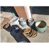 Image 1 : 2 Vintage Milk Jugs, Metal Wash Basin, Planter Pot, Garbage Can, Pot, Rope