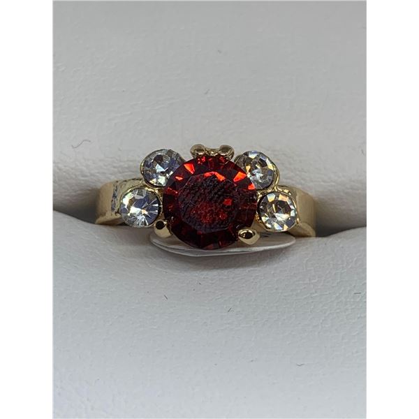 Ladies 14K GP Ruby Style Solitaire Gemstone ring with side stones - size 7.5