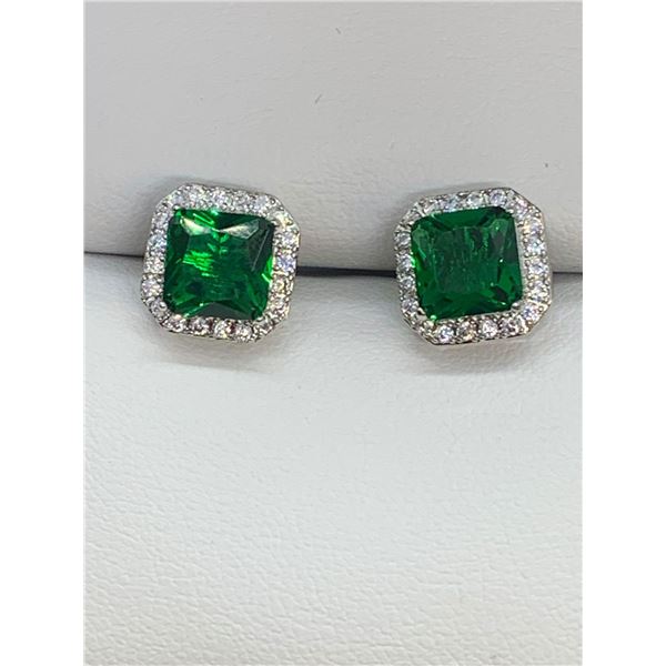 Emerald style square gemstone earrings with multi stone boarder
