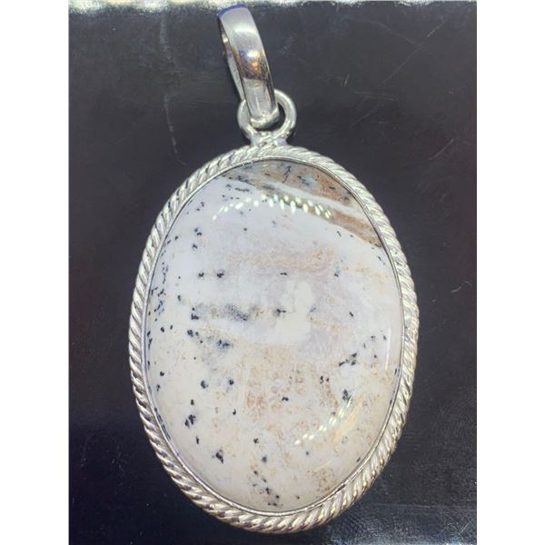 Oval Cut Dendrite Opal silver .925 pendant -approx 1 inch across