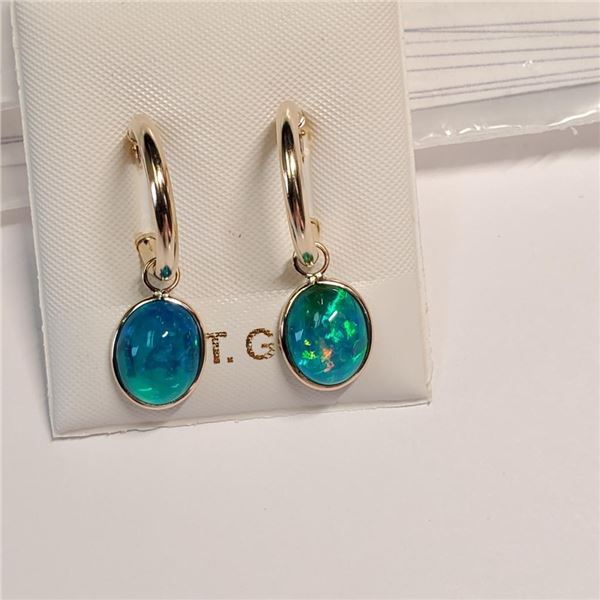 14K Yellow Gold Paraiba Coloured Opal(3.25ct) Earrings (~weight 1.59g), Made in Canada, Appraised Re