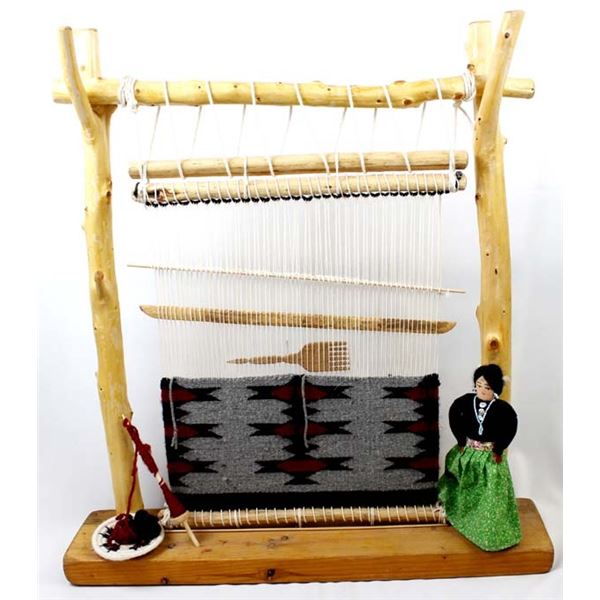 Large Navajo Weaver Doll with Partial Wool Rug