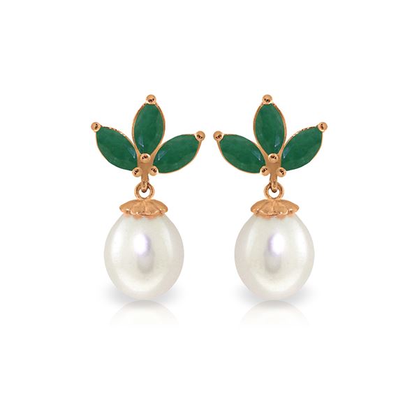 Genuine 9.5 ctw Emerald & Pearl Earrings 14KT Rose Gold - REF-35F2Z