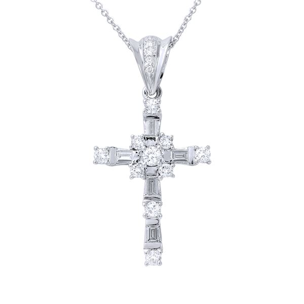 Natural 0.79 CTW Diamond & Baguette Necklace 18K White Gold - REF-125F3M