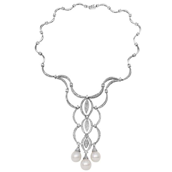 Natural 38.59 CTW Pearl & Diamond Necklace 14K White Gold - REF-738F2M