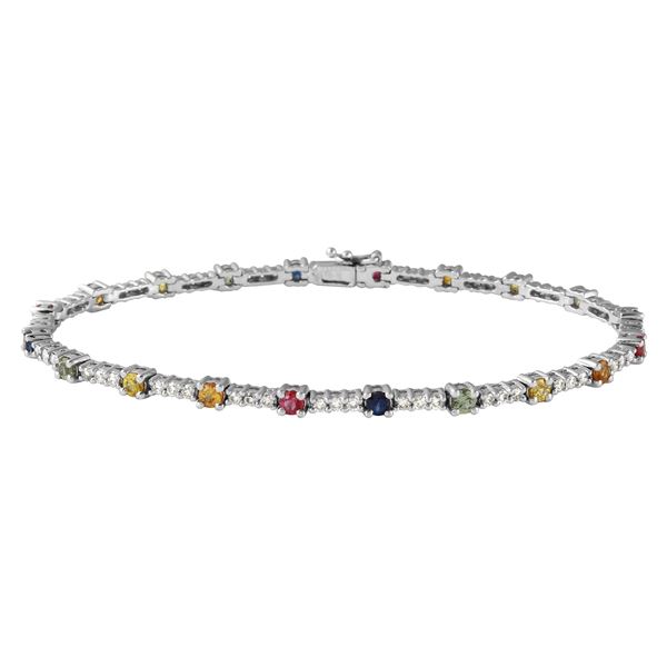 Natural 3.23 CTW Multi-Sapphire & Diamond Bracelet 14K White Gold - REF-127T8X