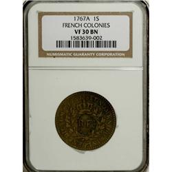 1767-A 9DEN French Colonies Copper Sou, RF Counterstamp