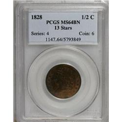 1828 1/2 C 13 Stars Brown MS64 PCGS
