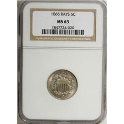 1866 5C Rays MS63 NGC