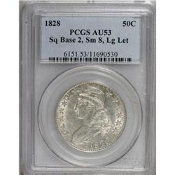 1828 50C Square Base 2, Small 8, Large Letters AU53 PC