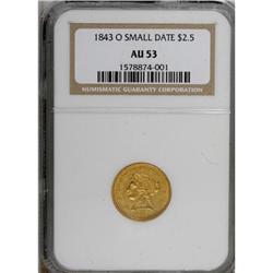 1843-O $2 1/2 Small Date, Crosslet 4 AU53 NGC