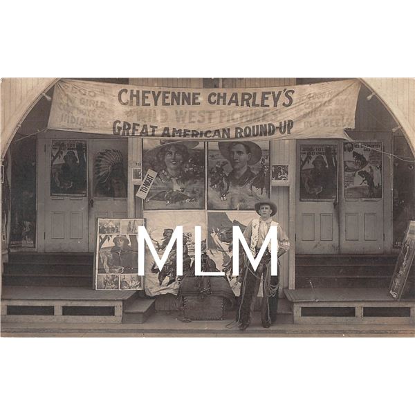 Cheyenne Charley's Cowboy Wild West Pictures Theater in front of signs Photo Postcard