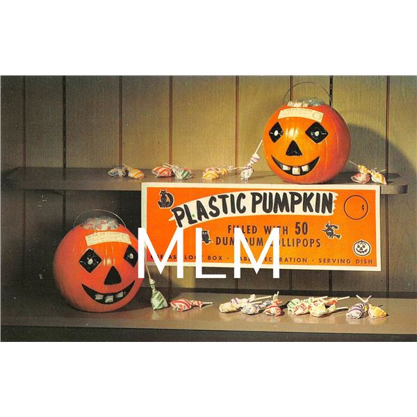Halloween Plastic Pumpkin Dum Dum Lollipop Candy Advertising Chrome Postcard