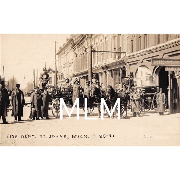 Fire Department Horse Drawn Fire Engines St. Johns, Michigan Photo Postcard