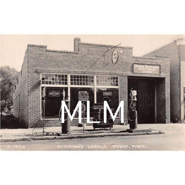 "Peterson's Garage" Osseo Gas Station Auto Dealer Photo Postcard