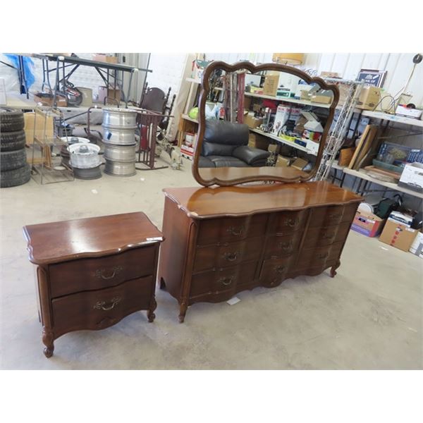 Dresser w Mirror & Nite Table - 31"H 65"W 18"D Plus Mirror 50" X 39" , Dresser hasa chip - Shown in 