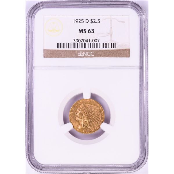 1925-D $2 1/2 Indian Head Quarter Eagle Gold Coin NGC MS63