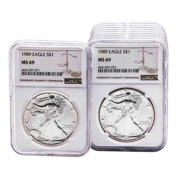 Lot of (10) 1989 $1 American Silver Eagle Coins NGC MS69