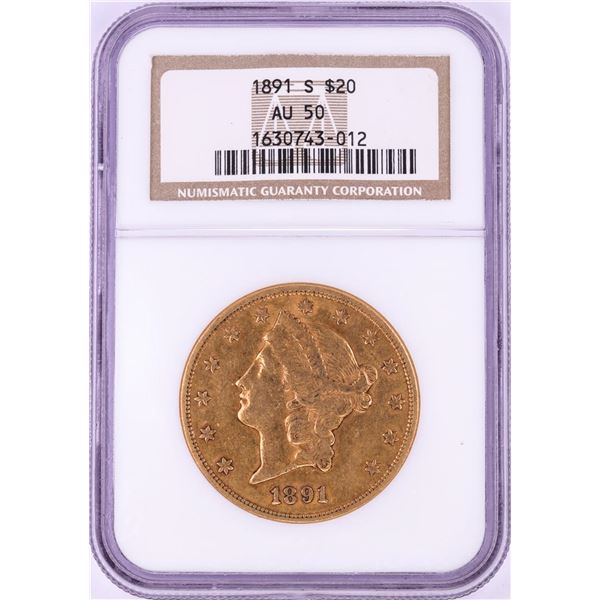 1891-S $20 Liberty Head Double Eagle Gold Coin NGC AU50