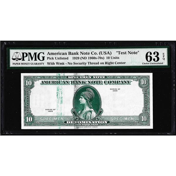 1929 10 Unit American Bank Note Co. "Test Note" PMG Choice Uncirculated 63EPQ