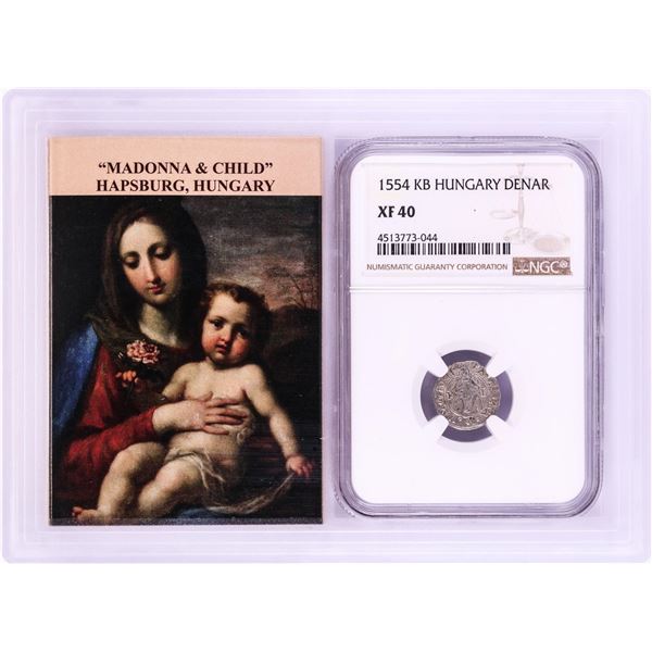 1554 KB Hungary Denar 'Madonna and Child' Coin NGC XF40 w/ Story Box