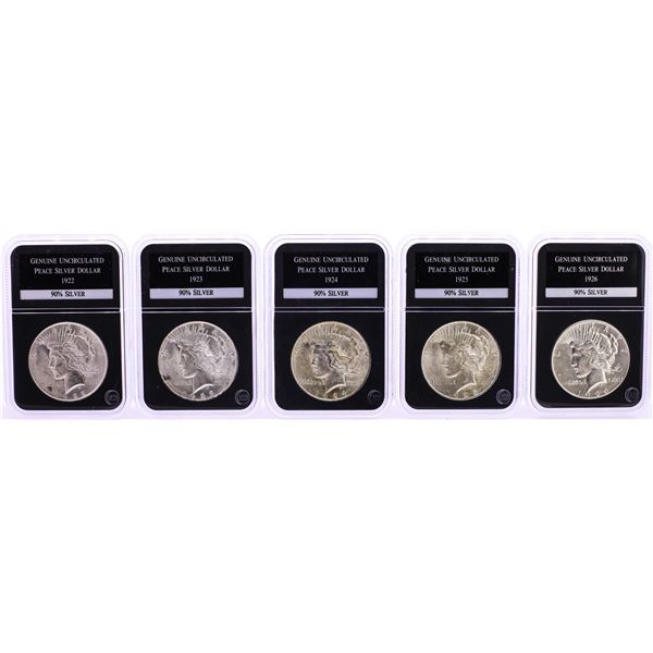 Lot of (5) Uncirculated $1 Peace Silver Dollar Coins