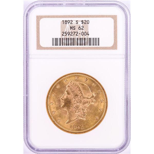 1892-S $20 Liberty Head Double Eagle Gold Coin NGC MS62