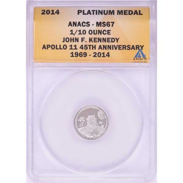 2014 Proof 1/10 oz Platinum JFK Apollo 11 Anniversary Medal ANACS MS67