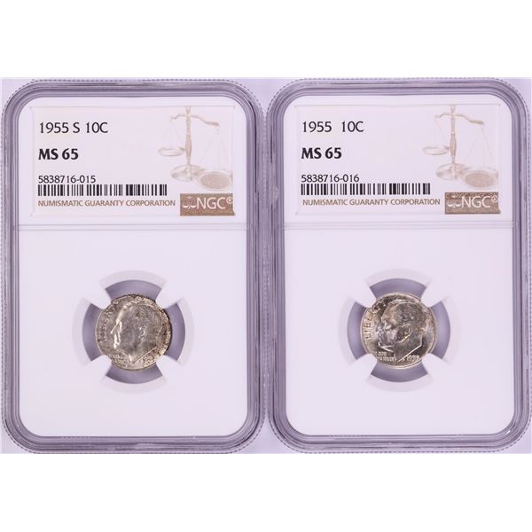 Lot of 1955 & 1955-S Roosevelt Dime Coins NGC MS65