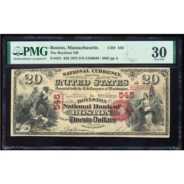 1875 $20 First Charter NB Boston, MA CH# 545 National Currency Note PMG Very Fine 30