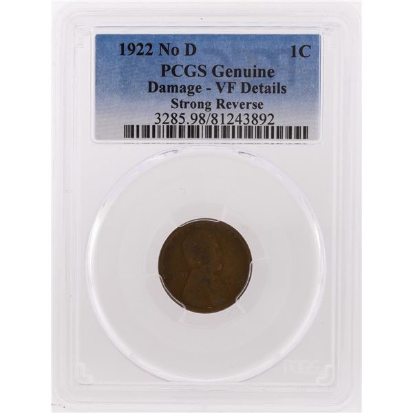 1922 No D Lincoln Wheat Penny PCGS Genuine Damage - VF Details