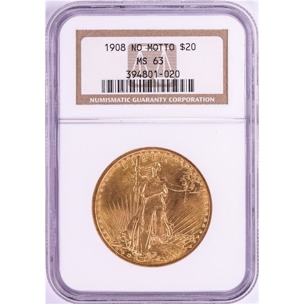 1908 No Motto $20 St. Gaudens Double Eagle Gold Coin NGC MS63