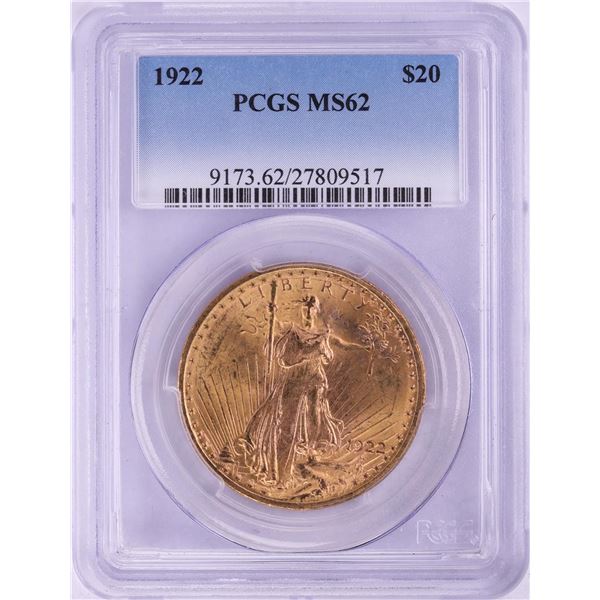 1922 $20 St. Gaudens Double Eagle Gold Coin PCGS MS62