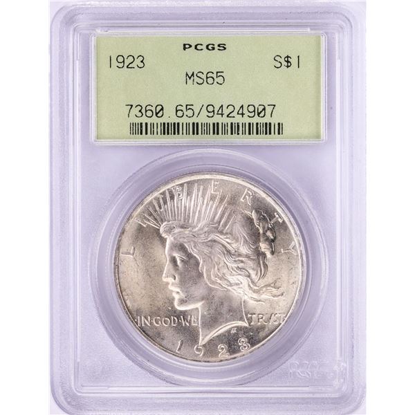 1923 $1 Peace Silver Dollar Coin PCGS MS65 Old Green Holder